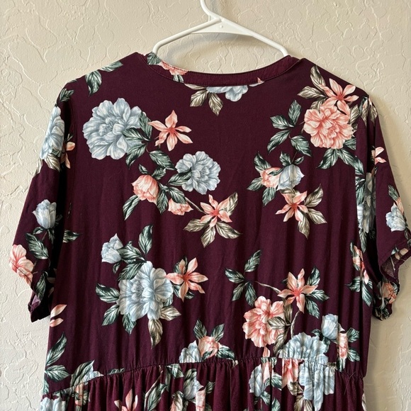 Torrid Burgundy and Pink Floral Challis Midi Shirt Dress Size 1 - Picture 10 of 11